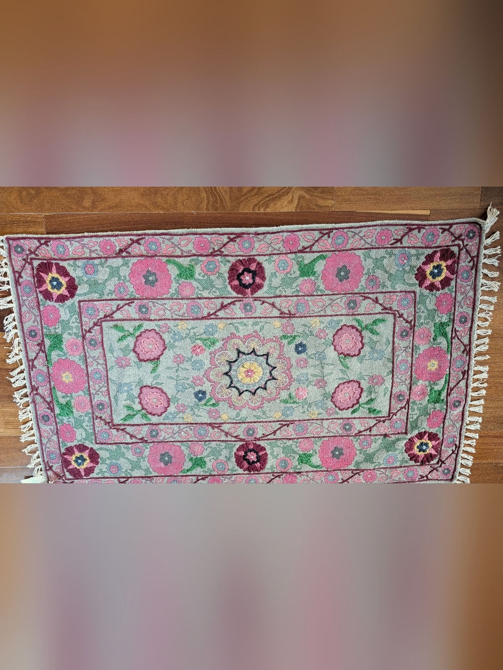 Floral Embroidered Grey Tapestry Rug Panel 3x5 ft